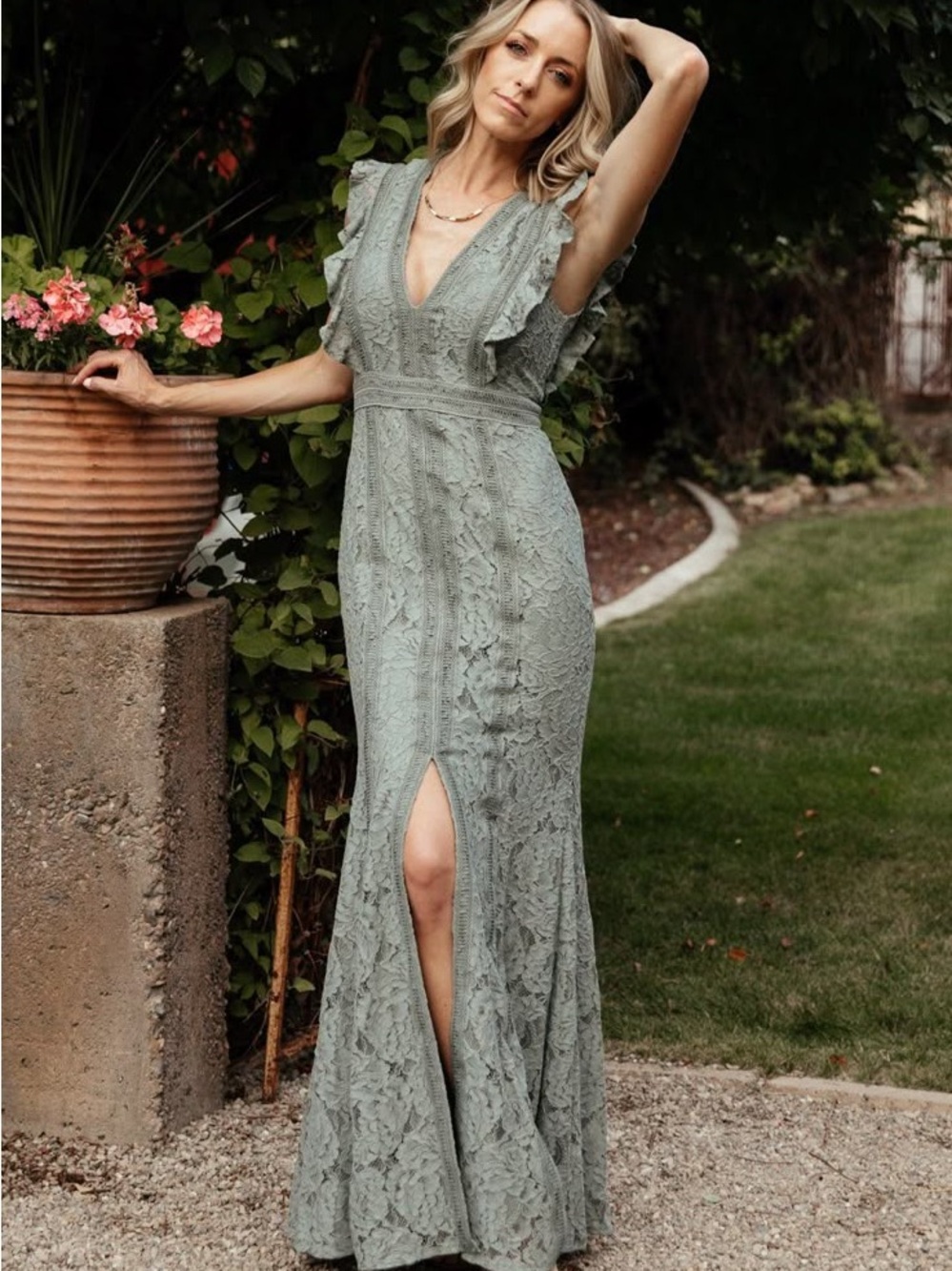 Baltic Born Sage Green Lace Flutter Sleeve Maxi Dress